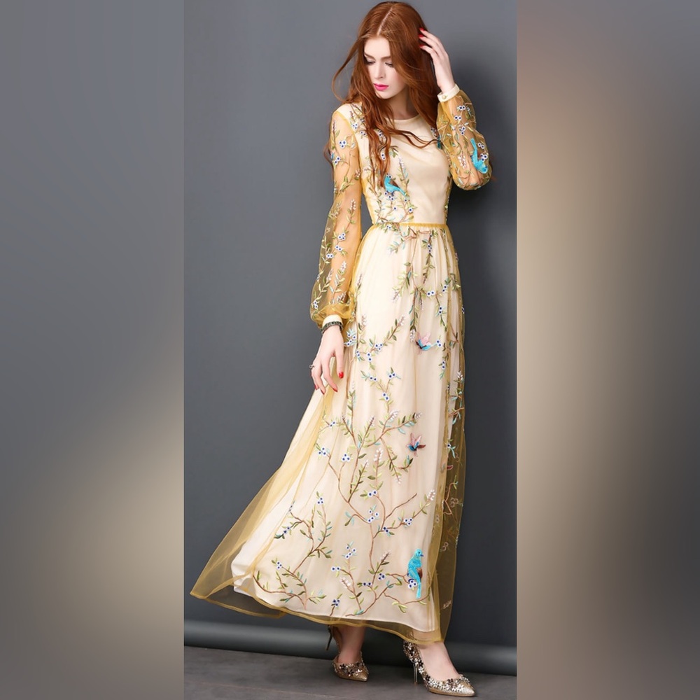 Stunning Tulle embroidered dress size XS Asian S birds and flowers